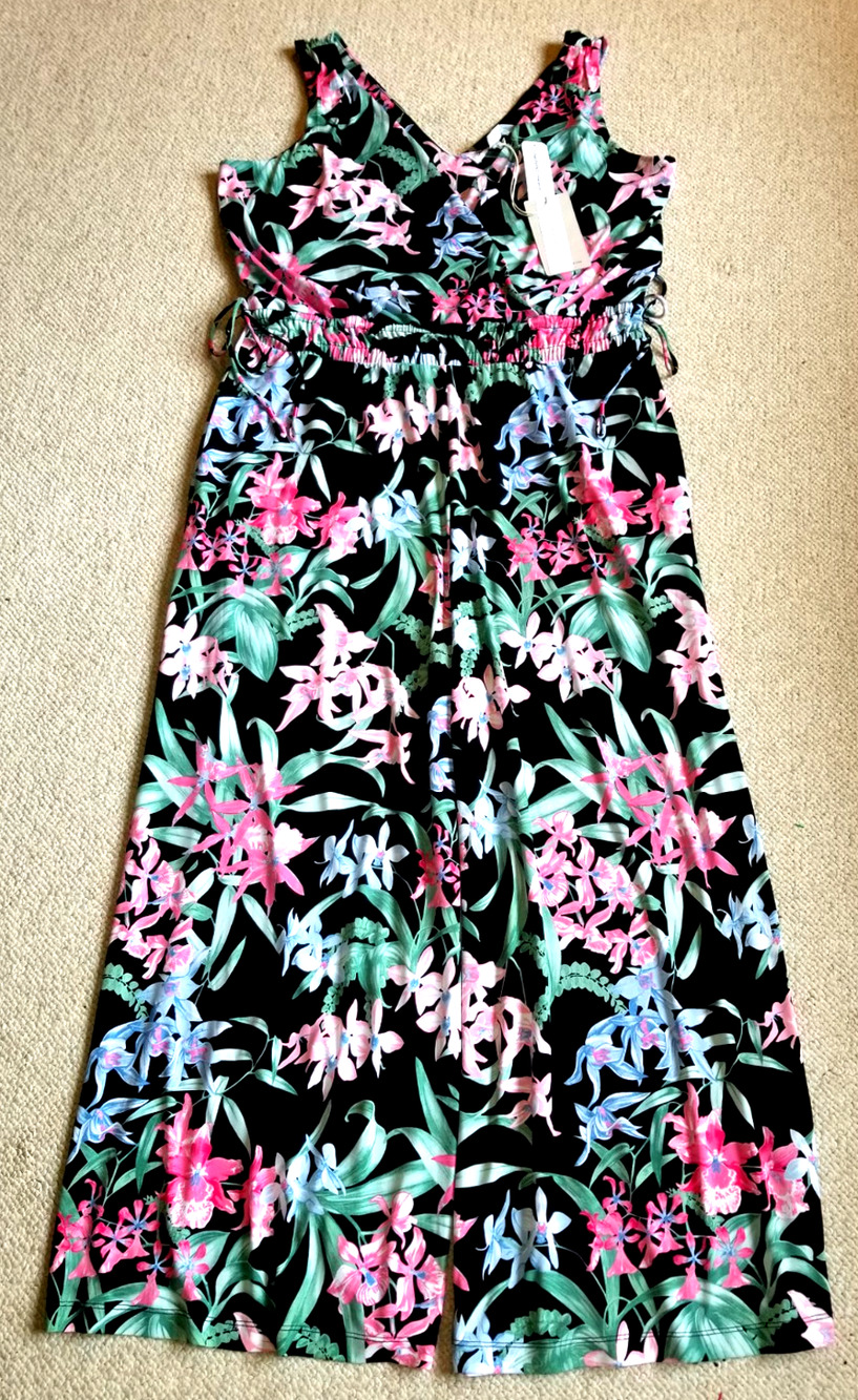 NWT $175 Womens Jumpsuit-TOMMY BAHAMA-black 'Orchid Isle' wide leg "Carmela"-XL